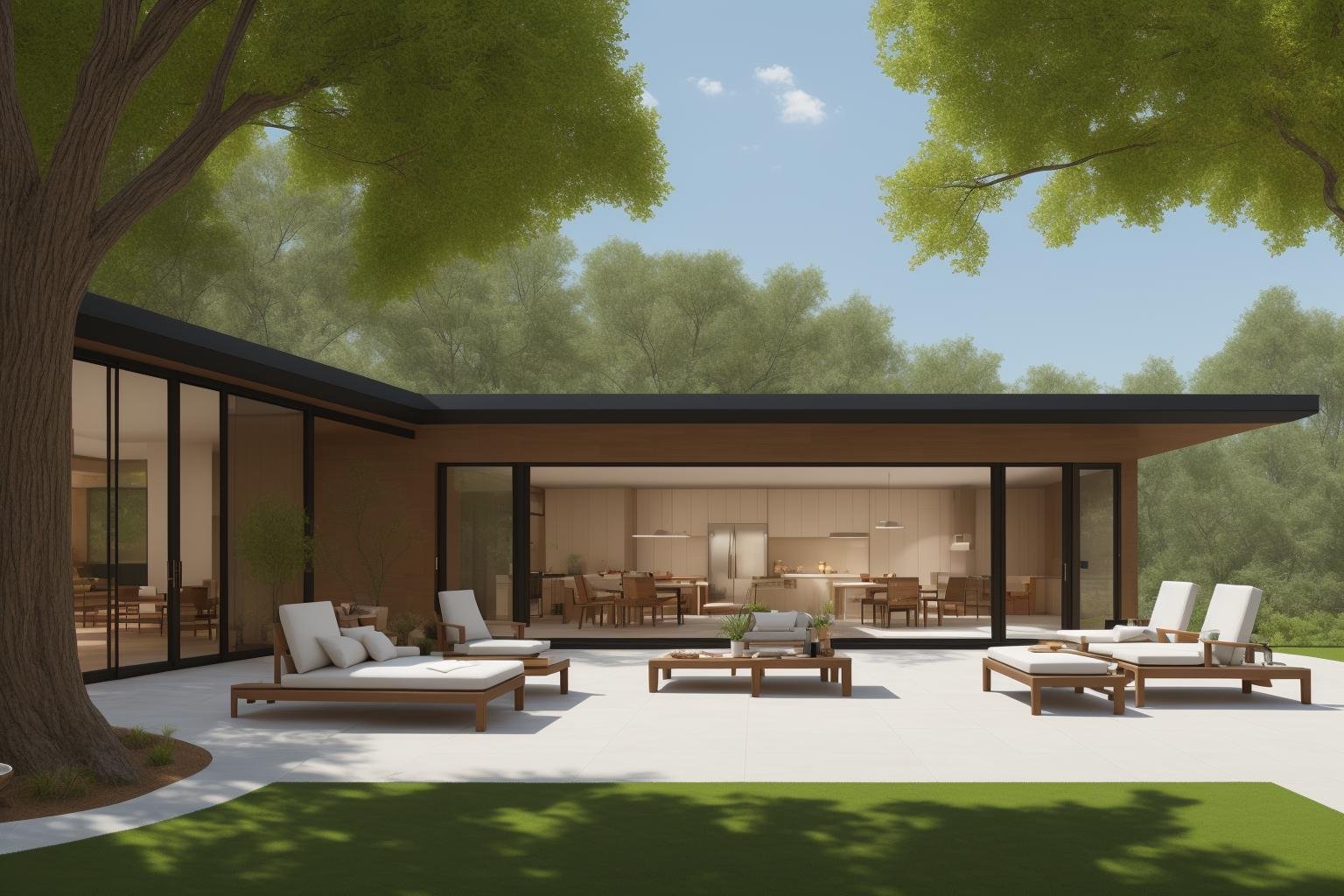 An expansive outdoor living space takes center stage in this digital rendering inspired by the artistic vision of An Zhengwen and the architectural inspiration of ArchDaily. The scene features a stone patio adorned with plush furniture, surrounded by towering trees that frame the background. A majestic tree graces the foreground, its sprawling branches casting dappled shadows across the patio. The digital rendering captures every intricate detail with photorealistic precision, showcasing the play of light and texture on surfaces. The color palette is a harmonious blend of natural hues, creating a serene and inviting ambiance. The lighting mimics the soft glow of late afternoon, highlighting the intricate interplay between light and shadow