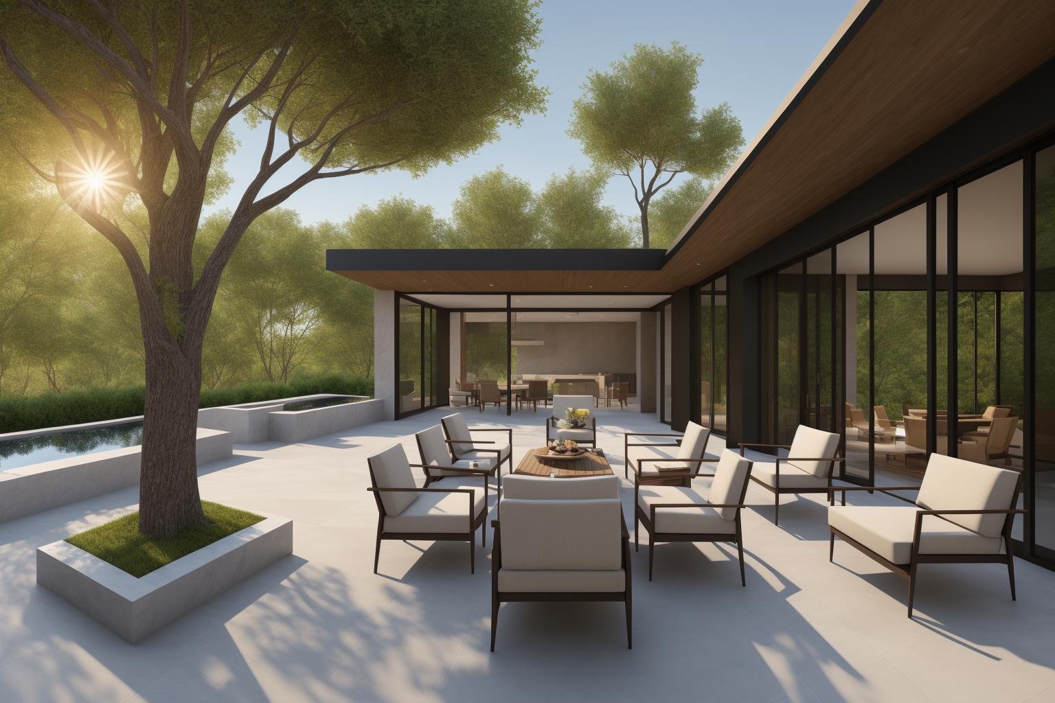 An expansive outdoor living space takes center stage in this digital rendering inspired by the artistic vision of An Zhengwen and the architectural inspiration of ArchDaily. The scene features a stone patio adorned with plush furniture, surrounded by towering trees that frame the background. A majestic tree graces the foreground, its sprawling branches casting dappled shadows across the patio. The digital rendering captures every intricate detail with photorealistic precision, showcasing the play of light and texture on surfaces. The color palette is a harmonious blend of natural hues, creating a serene and inviting ambiance. The lighting mimics the soft glow of late afternoon, highlighting the intricate interplay between light and shadow