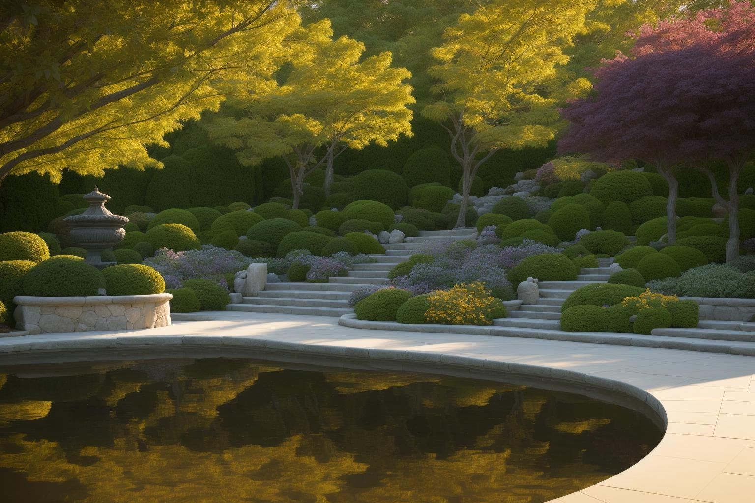 A tranquil garden scene featuring meticulously designed Japanese-style villa landscapes by renowned architects. This picturesque setting comes to life through the lens of photography, capturing the serene beauty of the gardens and architecture. The artist's inspiration is drawn from Ansel Adams, resulting in a masterfully composed black and white photograph that highlights the intricate details of the scene. Soft contrasts and a play of shadows create a sense of depth and calmness, with subtle facial expressions reflecting a sense of awe and appreciation. The lighting gently filters through the foliage, casting a warm, ethereal glow on the surroundings, evoking a contemplative atmosphere