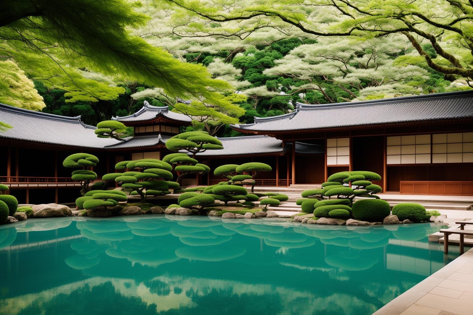 A breathtaking view of the renowned Japanese villa's exterior surrounded by tranquil waters, reflecting its elegance and grandeur. The illustrious villa stands amidst lush greenery, reminiscent of traditional Japanese gardens. The art form chosen for this depiction is photography, captured with a 35mm lens, bringing the exquisite details to life. The color temperature is cool, enhancing the serene ambiance. A subtle smile graces the face of a person standing by, admiring the view. Soft, natural lighting gently illuminates the scene, creating an atmosphere of tranquility and nostalgia