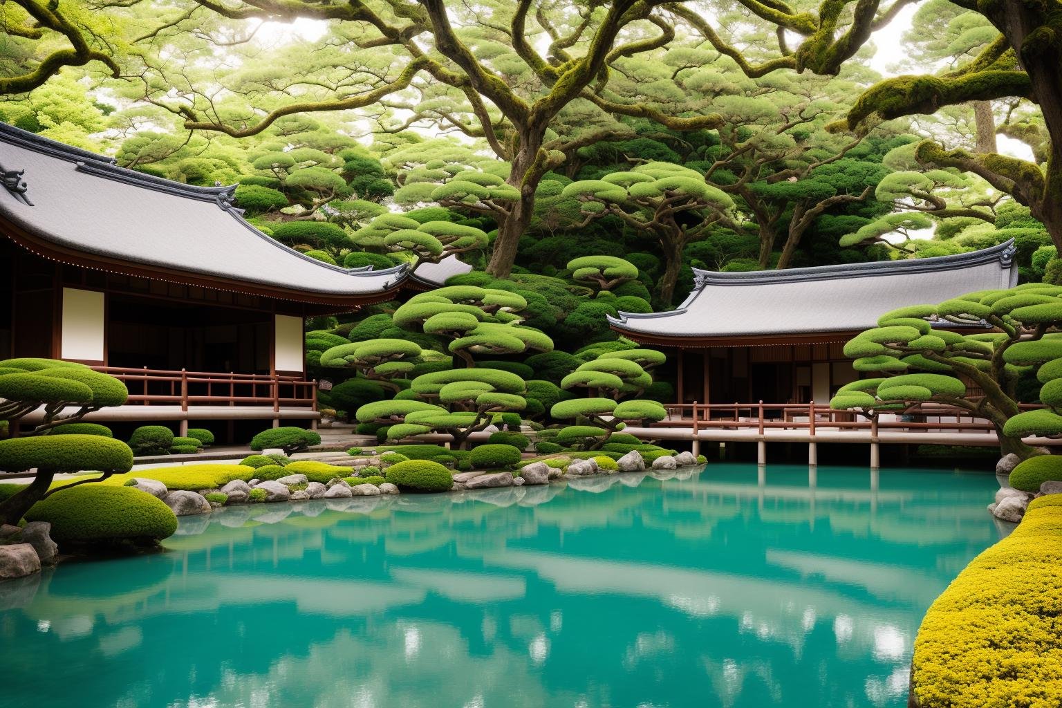 A breathtaking view of the renowned Japanese villa's exterior surrounded by tranquil waters, reflecting its elegance and grandeur. The illustrious villa stands amidst lush greenery, reminiscent of traditional Japanese gardens. The art form chosen for this depiction is photography, captured with a 35mm lens, bringing the exquisite details to life. The color temperature is cool, enhancing the serene ambiance. A subtle smile graces the face of a person standing by, admiring the view. Soft, natural lighting gently illuminates the scene, creating an atmosphere of tranquility and nostalgia