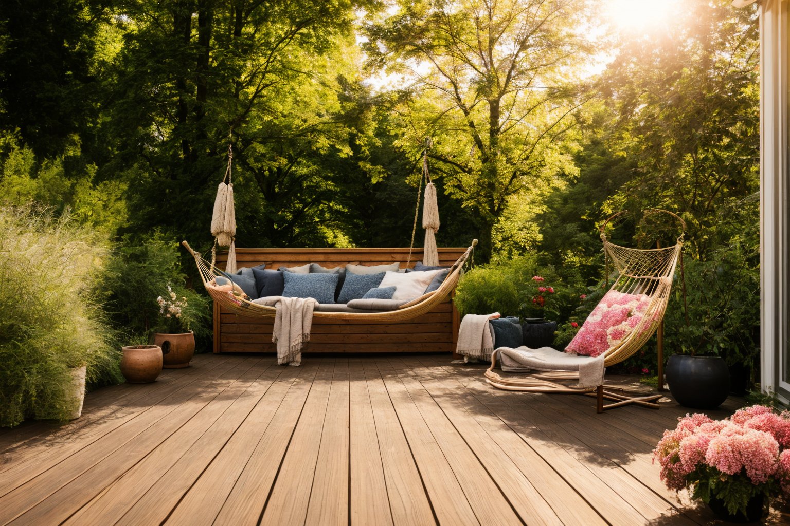 Dive into the world of Photography, capturing the essence of a wooden deck with a hammock chair and a couch in the middle, surrounded by a burst of summer vibrancy. Through the lens of a 35mm camera, inspired by the techniques of Christian Hilfgott Brand, the scene unfolds with an arts and crafts movement touch. The deck is bathed in warm sunlight, casting gentle shadows. The flowers around the deck sway gently, adding a touch of summer breeze. The color temperature is warm, with no facial expressions to capture. The lighting is soft and natural, creating a serene and inviting atmosphere.  <lora:lora_garden_architecture_Exterior_SDlife_Chiasedamme_V1.0:0.6>