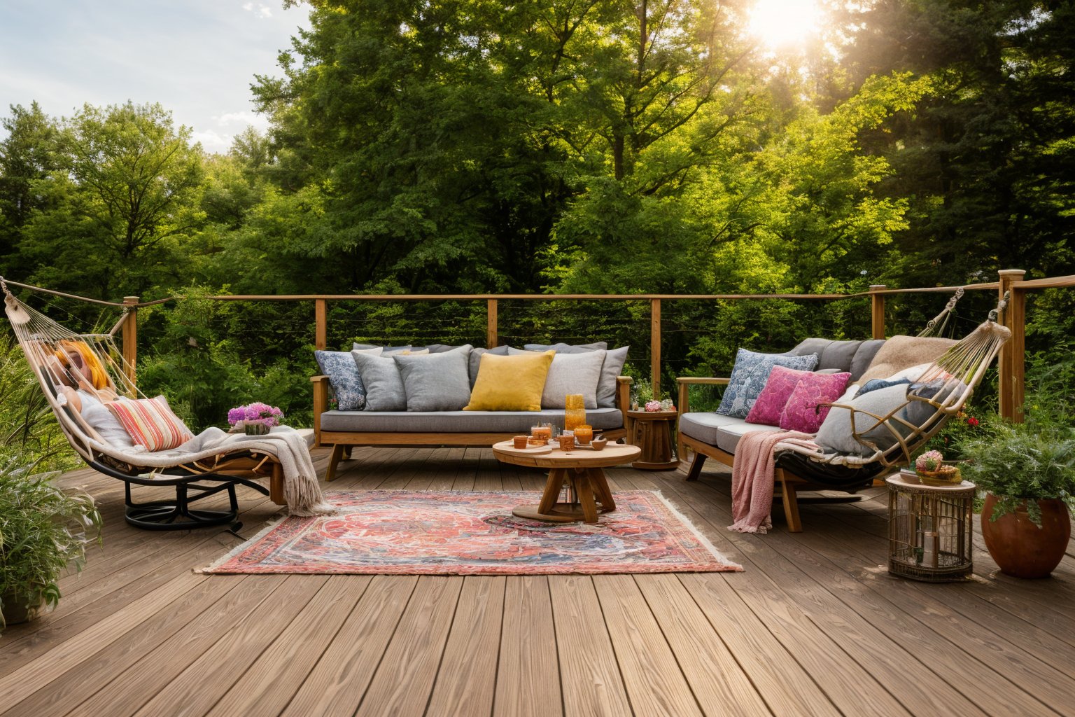Dive into the world of Photography, capturing the essence of a wooden deck with a hammock chair and a couch in the middle, surrounded by a burst of summer vibrancy. Through the lens of a 35mm camera, inspired by the techniques of Christian Hilfgott Brand, the scene unfolds with an arts and crafts movement touch. The deck is bathed in warm sunlight, casting gentle shadows. The flowers around the deck sway gently, adding a touch of summer breeze. The color temperature is warm, with no facial expressions to capture. The lighting is soft and natural, creating a serene and inviting atmosphere.  <lora:lora_garden_architecture_Exterior_SDlife_Chiasedamme_V1.0:0.6>