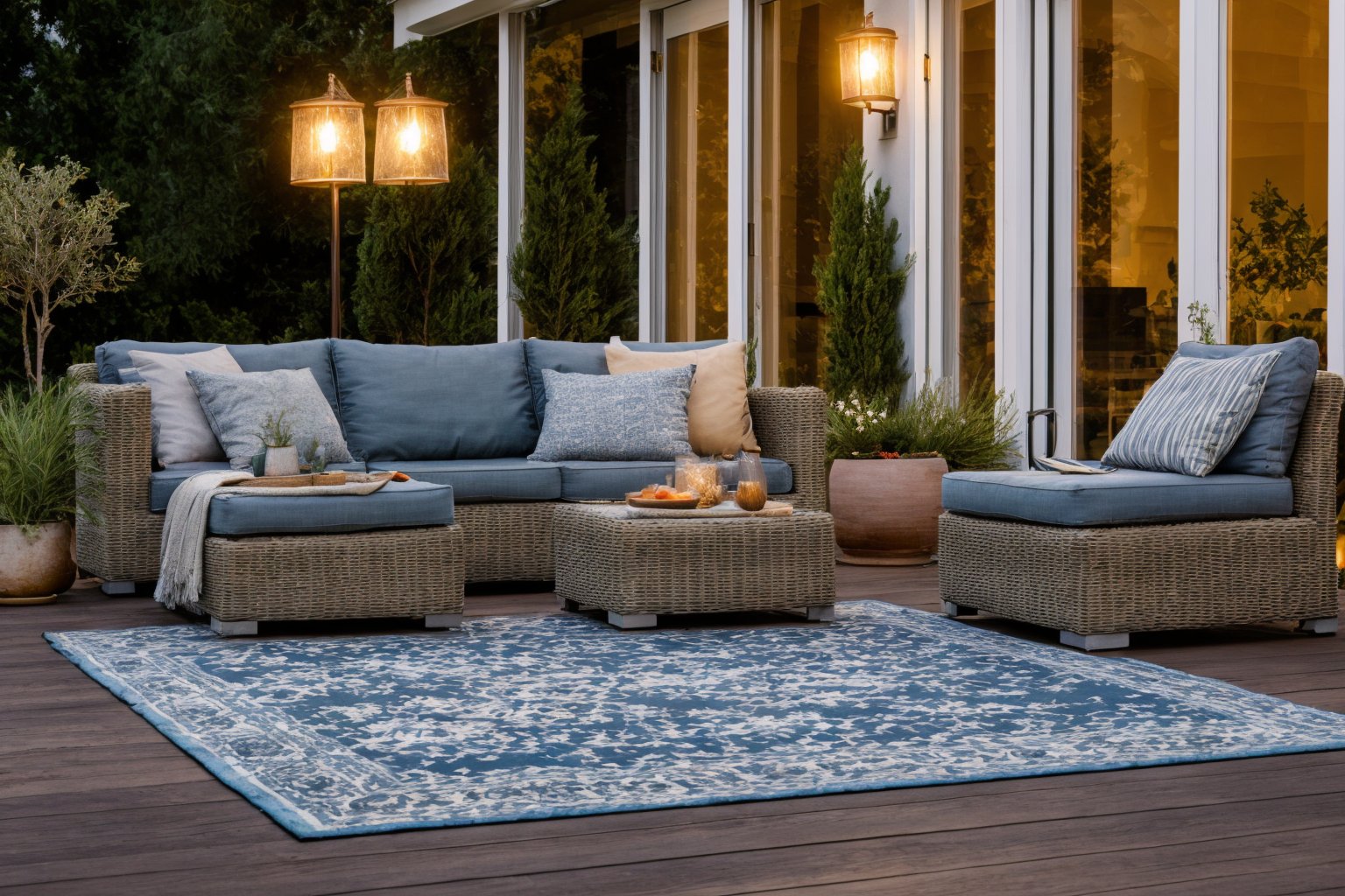 garden, Experience the magic of Pixar 3D, bringing to life a patio scene with a comfortable couch, table, and ambient lights. The blue rug on the floor stands out, adding depth to the scene. With a nod to Christian Hilfgott Brand and the light and space movement, the setting is a blend of realism and fantasy. The color temperature leans towards the cool side, with no facial expressions present. The ambient lighting highlights the textures and details, creating a stock photo-like atmosphere <lora:lora_garden_architecture_Exterior_SDlife_Chiasedamme_V1.0:0.6>