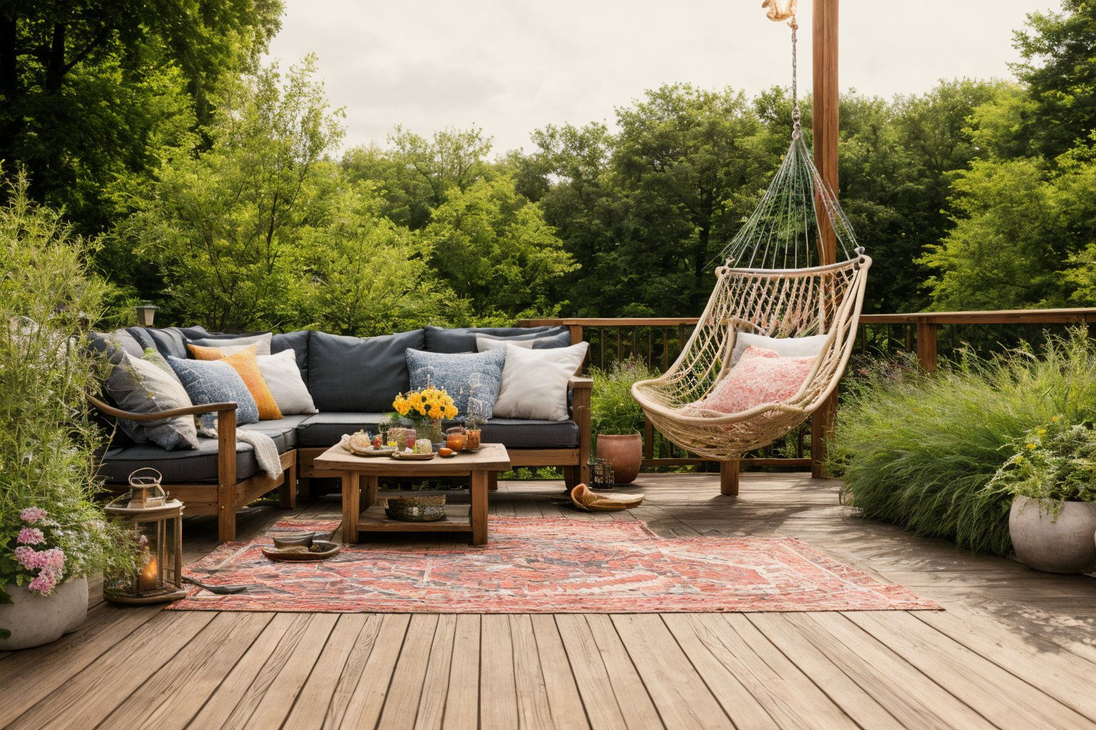 Dive into the world of Photography, capturing the essence of a wooden deck with a hammock chair and a couch in the middle, surrounded by a burst of summer vibrancy. Through the lens of a 35mm camera, inspired by the techniques of Christian Hilfgott Brand, the scene unfolds with an arts and crafts movement touch. The deck is bathed in warm sunlight, casting gentle shadows. The flowers around the deck sway gently, adding a touch of summer breeze. The color temperature is warm, with no facial expressions to capture. The lighting is soft and natural, creating a serene and inviting atmosphere.  <lora:lora_garden_architecture_Exterior_SDlife_Chiasedamme_V1.0:0.6>