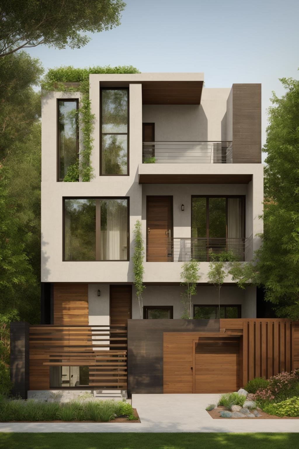 A modern street-facing house seamlessly integrates natural elements into its design. The architecture embodies an urban oasis concept, featuring a balcony adorned with lush greenery and a front yard that blends nature with the urban environment. Soft ambient lighting casts a warm and welcoming glow. Channeling the spirit of renowned architect Frank Lloyd Wright, this design showcases his signature organic architecture style. The medium for this artwork is an architectural blueprint rendered in high-definition 3D graphics, emphasizing every detail of the design. The color scheme primarily consists of earthy tones and various shades of green, enhancing the connection to nature