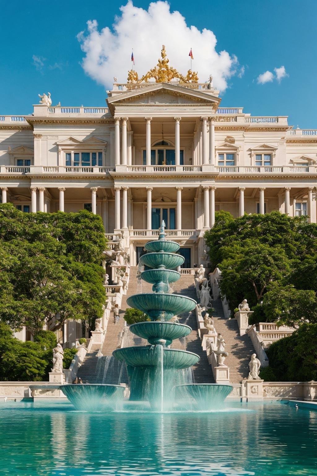 A majestic white mansion, meticulously adorned with opulent classical details, stands proudly. In front of the grand building, a fountain glistens under the sun's gentle rays. The sky serves as a picturesque backdrop, adorned with fluffy clouds that seem to dance in harmony. Beeple's signature style is brought to life through a detailed digital rendering, capturing the essence of maximalism in every corner. The color palette is pristine, accentuating the building's grandeur against the azure sky. The atmosphere is one of awe and elegance, while the fountain's gentle splashes create a soothing auditory accompaniment