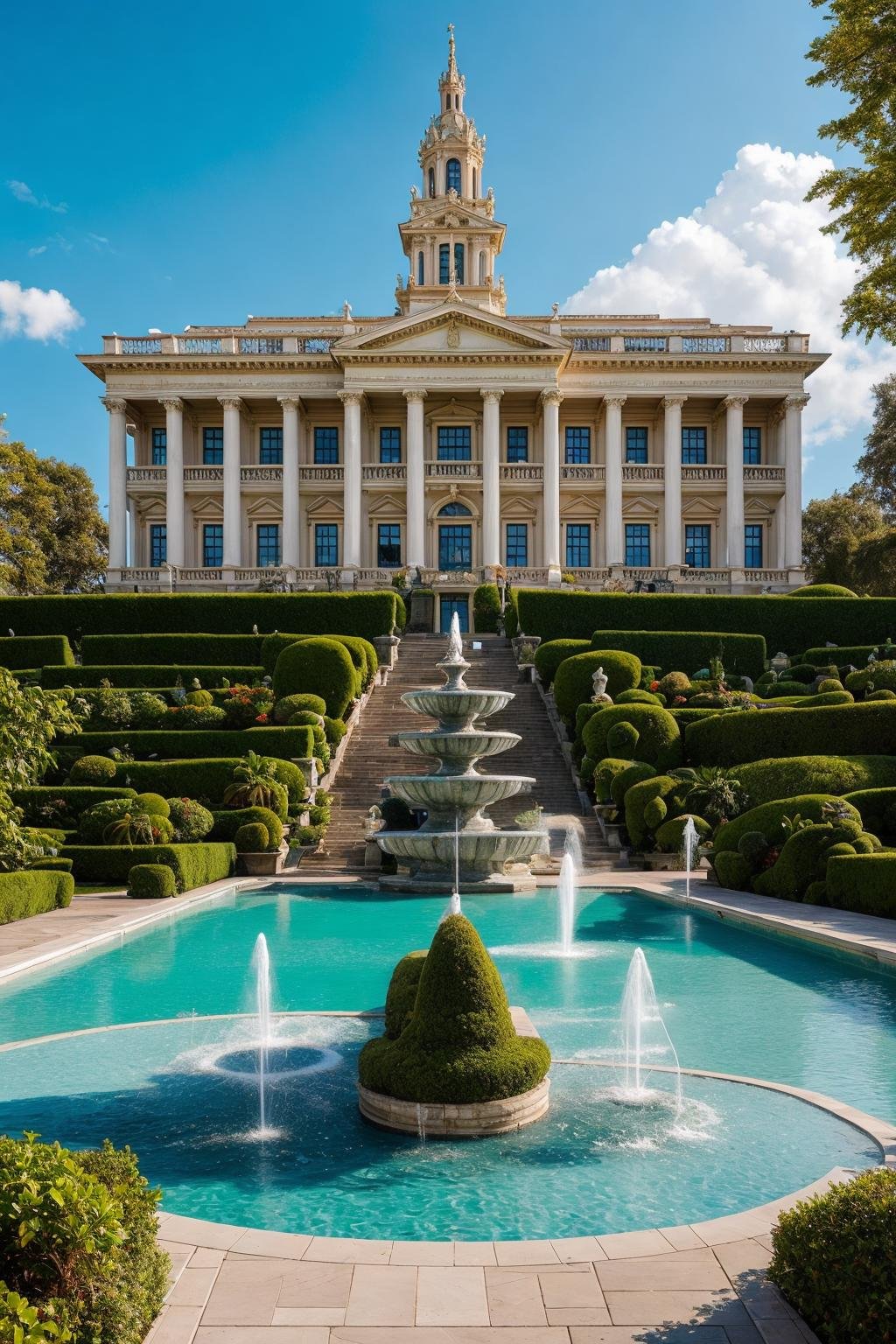 A majestic white mansion, meticulously adorned with opulent classical details, stands proudly. In front of the grand building, a fountain glistens under the sun's gentle rays. The sky serves as a picturesque backdrop, adorned with fluffy clouds that seem to dance in harmony. Beeple's signature style is brought to life through a detailed digital rendering, capturing the essence of maximalism in every corner. The color palette is pristine, accentuating the building's grandeur against the azure sky. The atmosphere is one of awe and elegance, while the fountain's gentle splashes create a soothing auditory accompaniment