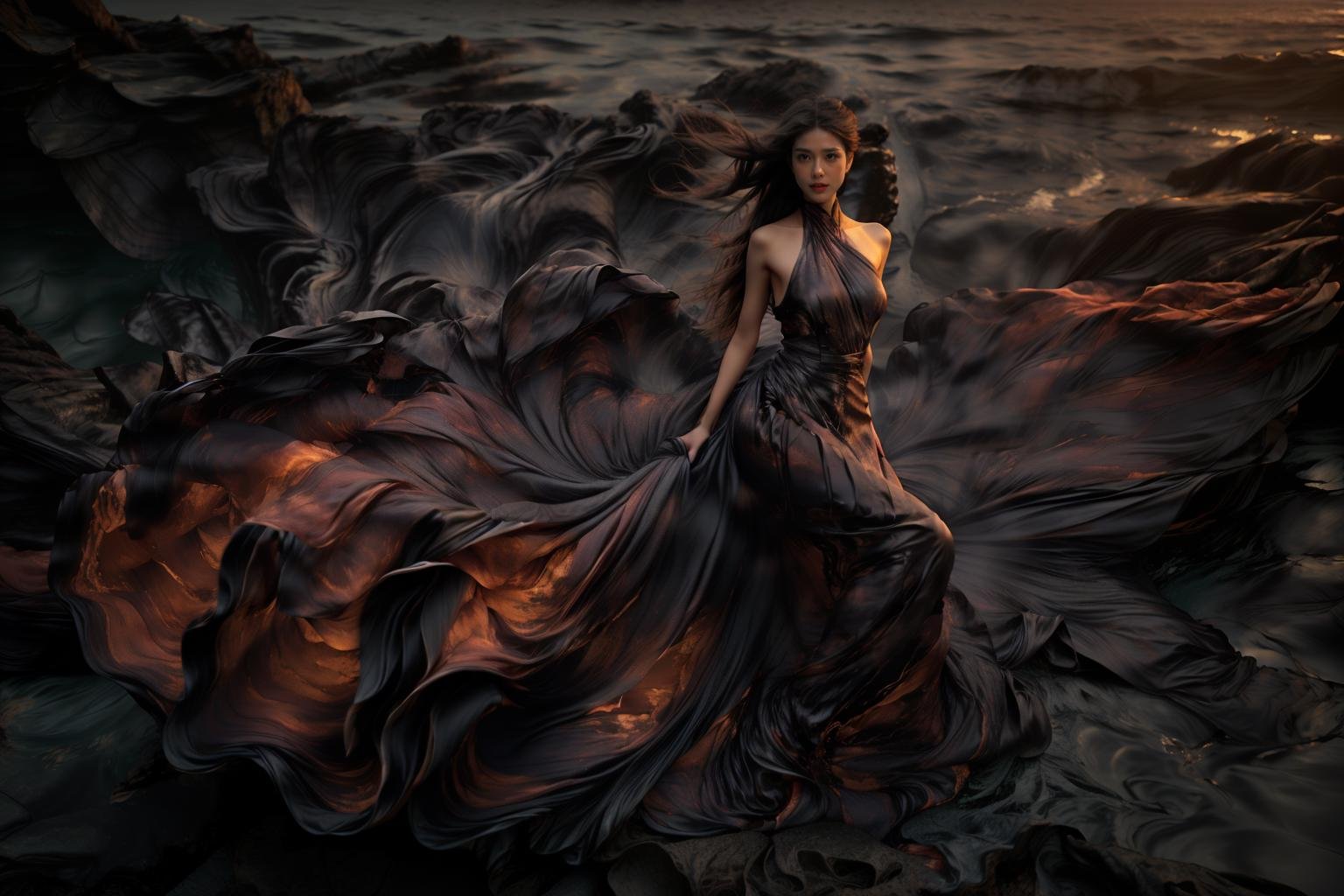 (8k, RAW photo, best quality,masterpiece:1.2),(realistic, photo-realistic:1.37),1girl,long legs, full body,lava dress,simple background,ocean, <lora:lavadress2:1> <lora:dressart_SDLife_Chiasedamme_v1.0:0.6>  <lora:add_detail:0.3> <lora:more_details:0.3> 