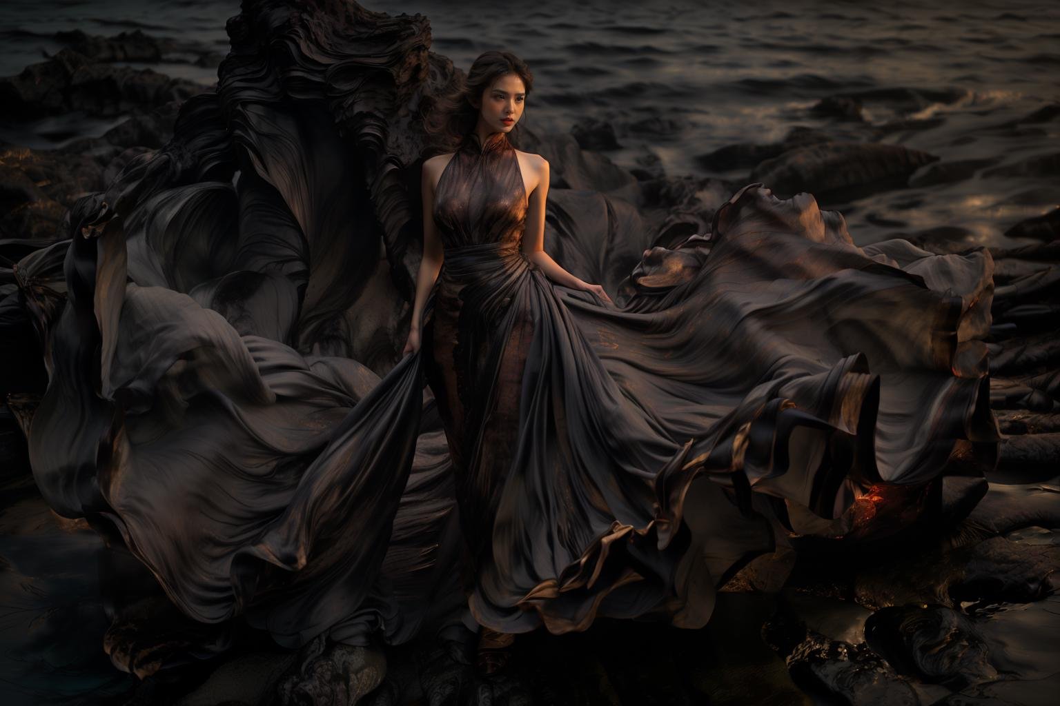 (8k, RAW photo, best quality,masterpiece:1.2),(realistic, photo-realistic:1.37),1girl,long legs, full body,lava dress,simple background,ocean, <lora:lavadress2:1> <lora:dressart_SDLife_Chiasedamme_v1.0:0.6>  <lora:add_detail:0.3> <lora:more_details:0.3> 