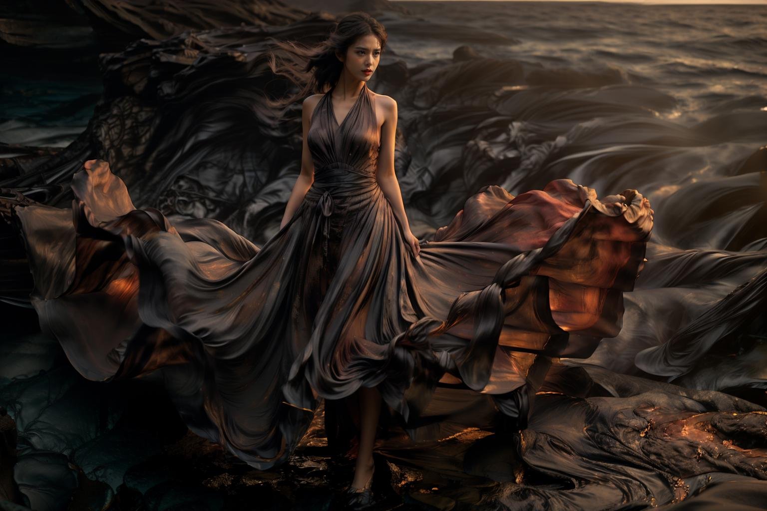 (8k, RAW photo, best quality,masterpiece:1.2),(realistic, photo-realistic:1.37),1girl,long legs, full body,lava dress,simple background,ocean, <lora:lavadress2:1> <lora:dressart_SDLife_Chiasedamme_v1.0:0.6>  <lora:add_detail:0.3> <lora:more_details:0.3> 