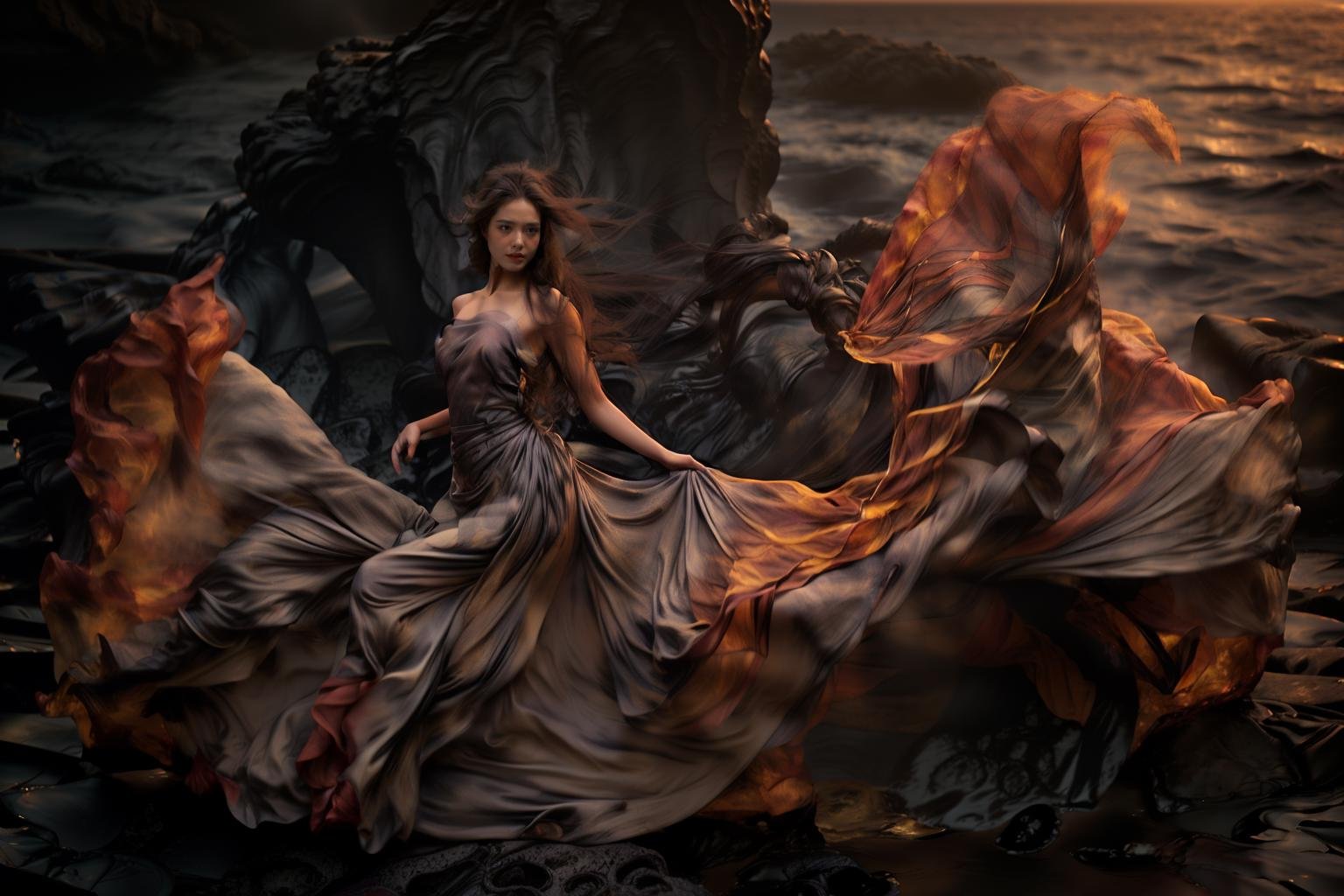 (8k, RAW photo, best quality,masterpiece:1.2),(realistic, photo-realistic:1.37),1girl,long legs, full body,lava dress,simple background,ocean, <lora:lavadress2:1> <lora:dressart_SDLife_Chiasedamme_v1.0:0.6>  <lora:add_detail:0.3> <lora:more_details:0.3> 