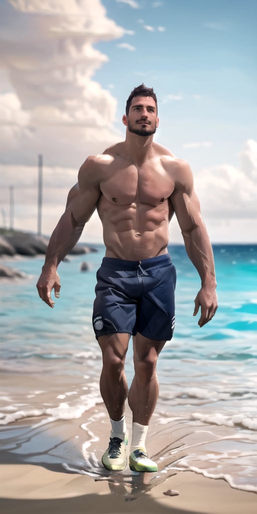 (best quality, high quality):1.4, photo of a handsome very buzzed short male hair mustache  hunk walking at the beach, 27 year old, very thick crooked nose, small pale thin male lips, very long cleft chin, tall, 3d,  ultra short buzzed hair, very masculine realistic walking movement, masculine male clothes only, tropical beach, sunset, ,man, very well drawn symmetric face, absurdres, 