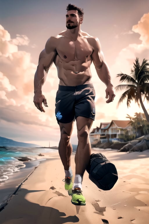 (best quality,  high quality):1.4,  photo of a handsome very buzzed short male hair mustache  hunk walking at the beach,  27 year old,  very thick crooked nose,  small pale thin male lips,  very long cleft chin,  tall,  3d,  ultra short buzzed hair,  very masculine realistic walking movement,  masculine male clothes only,  tropical beach,  sunset, <lora:EMS-8526-EMS:1.000000>, , <lora:EMS-41442-EMS:1.000000>