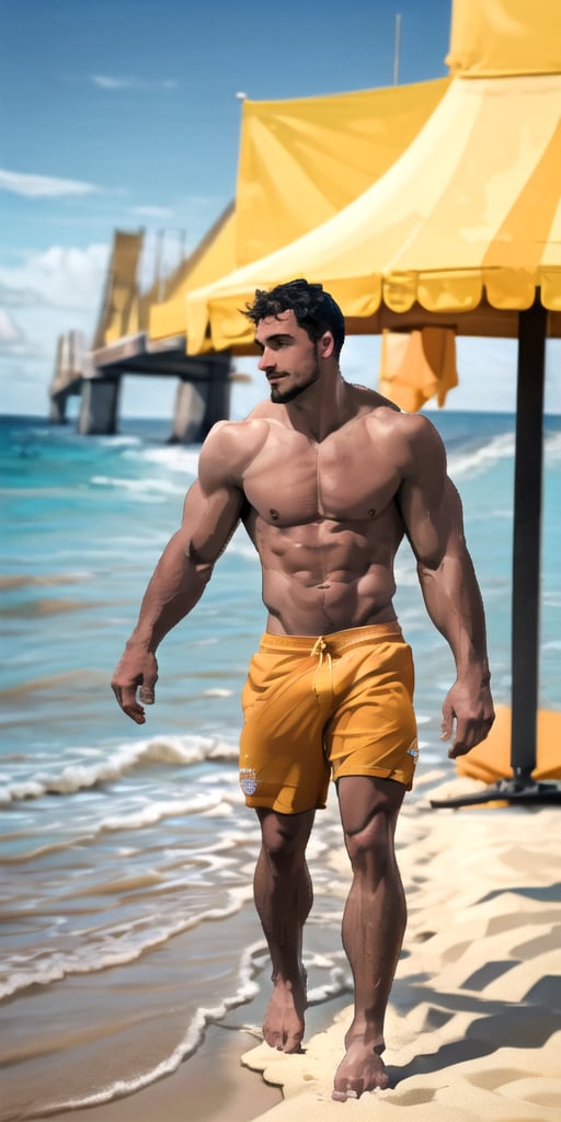 (best quality, high quality):1.4, photo of a handsome very buzzed short male hair mustache  hunk walking at the beach, 27 year old, very thick crooked nose, small pale thin male lips, very long cleft chin, tall, 3d,  ultra short buzzed hair, very masculine realistic walking movement, masculine male clothes only, tropical beach, sunset, ,man, very well drawn symmetric face, absurdres, 