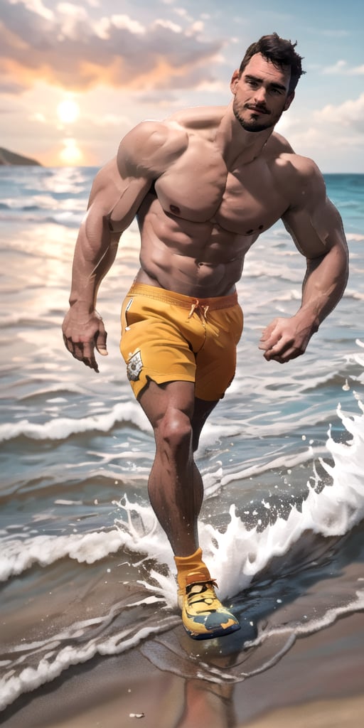 (best quality, high quality):1.4, photo of a handsome very buzzed short male hair mustache  hunk walking at the beach, 27 year old, very thick crooked nose, small pale thin male lips, very long cleft chin, tall, 3d,  ultra short buzzed hair, very masculine realistic walking movement, masculine male clothes only, tropical beach, sunset, ,man, very well drawn symmetric face, absurdres, 