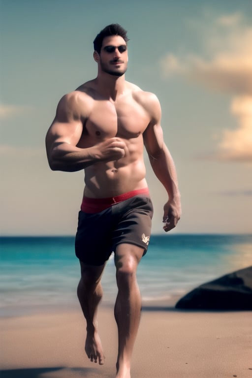 (best quality,  high quality):1.4,  photo of a handsome very buzzed short male hair mustache  hunk walking at the beach,  27 year old,  very thick crooked nose,  small pale thin male lips,  very long cleft chin,  tall,  3d,  ultra short buzzed hair,  very masculine realistic walking movement,  masculine male clothes only,  tropical beach,  sunset, <lora:EMS-8526-EMS:1.000000>, , <lora:EMS-41442-EMS:1.000000>