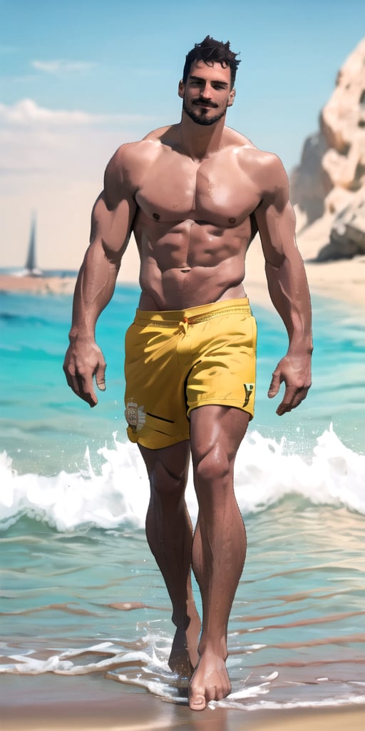 (best quality, high quality):1.4, photo of a handsome very buzzed short male hair mustache  hunk walking at the beach, 27 year old, very thick crooked nose, small pale thin male lips, very long cleft chin, tall, 3d,  ultra short buzzed hair, very masculine realistic walking movement, masculine male clothes only, tropical beach, sunset, ,man, very well drawn symmetric face, absurdres, 