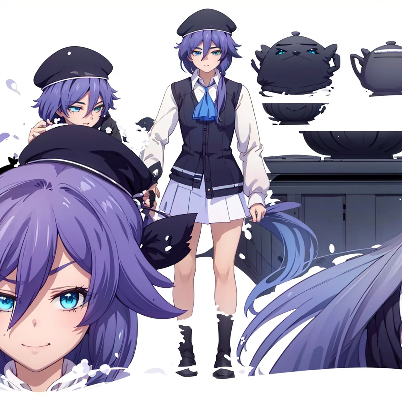 (masterpiece:1.3), (the best quality:1.2), (super fine illustrations:1.2), (Masterpiece), high quality, high detail,(white background:1.2), looking at viewer, (SOLO:1.4),outline,,simple background,hat,skirt,beret,vest,blue necktie,hair between eyes,purple hair,shoulder bag,white shirt,fu hua,