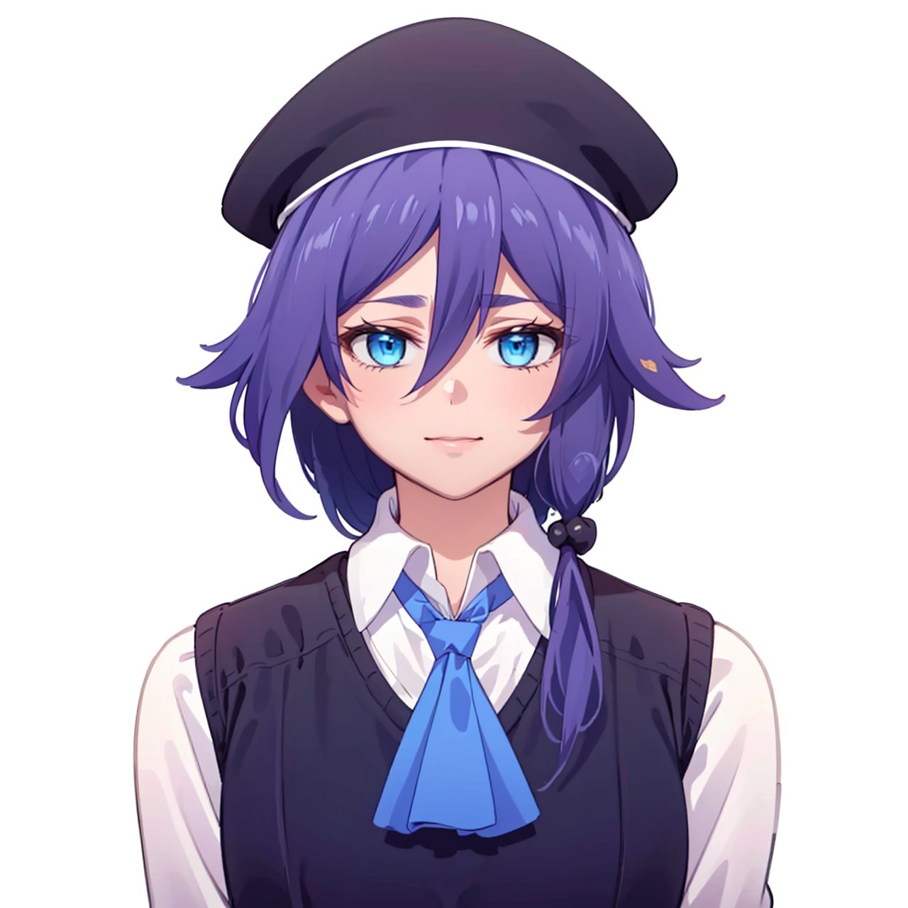 (masterpiece:1.3), (the best quality:1.2), (super fine illustrations:1.2), (Masterpiece), high quality, high detail,(white background:1.2), looking at viewer, (SOLO:1.4),outline,,simple background,hat,skirt,beret,vest,blue necktie,hair between eyes,purple hair,shoulder bag,white shirt,fu hua,