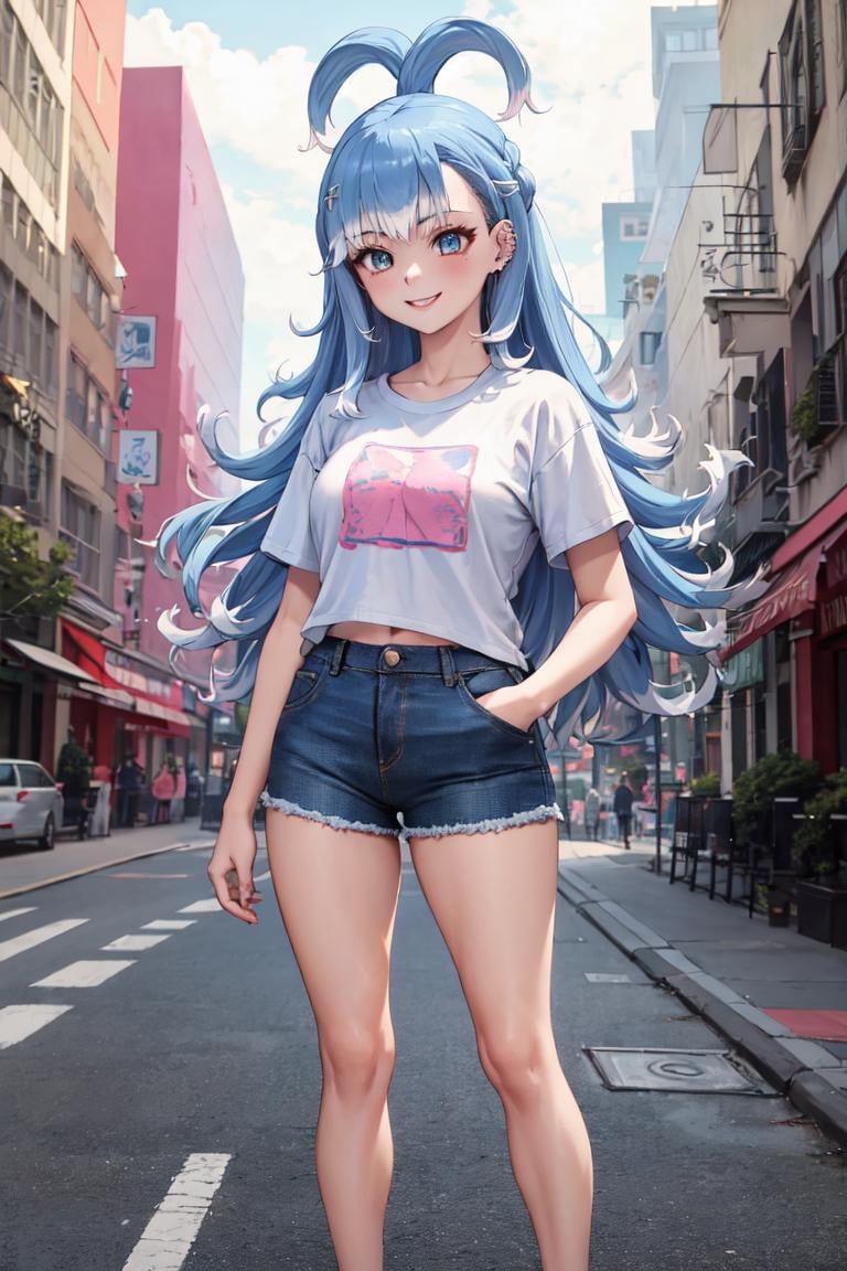 masterpiece, best quality, absurdres, perfect anatomy, 1girl, solo, KoboKanaeru, earrings, ear piercing, pink t-shirt, denim shorts, standing, outdoors, city, hands in pockets, smile, <lora:KoboKanaeru:1.0>