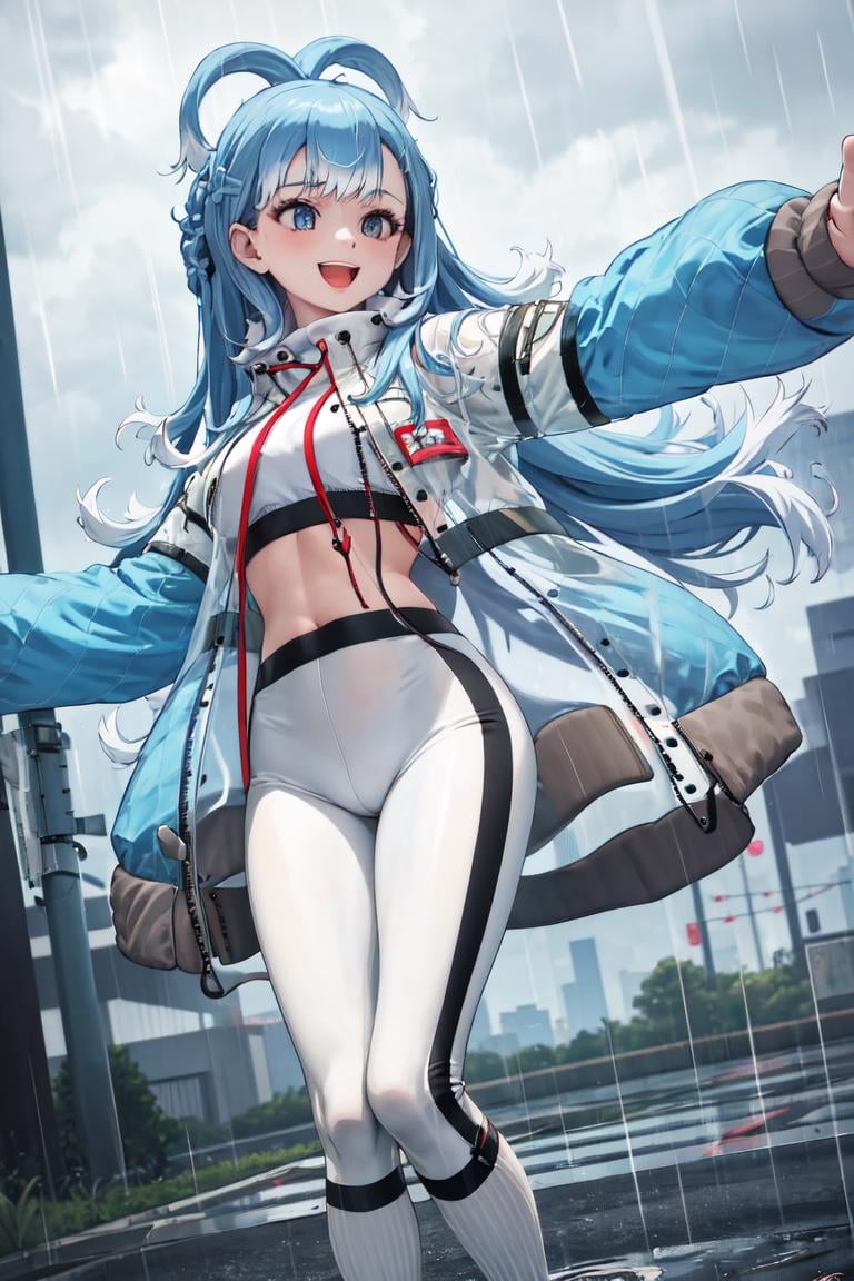 masterpiece, best quality, absurdres, perfect anatomy, 1girl, solo, KoboBase, see-through jacket, midriff, white jacket, tight pants, sleeves past wrists, open jacket, outdoors, rain, smile, :d, <lora:KoboKanaeru:1>