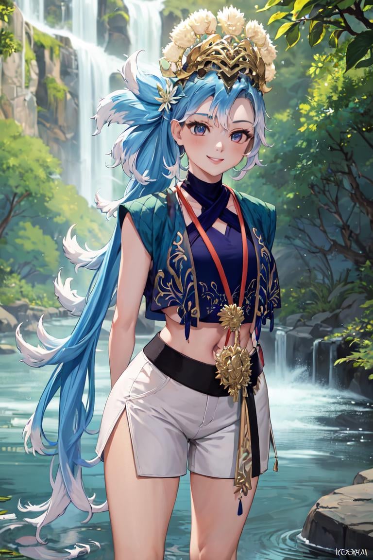 masterpiece, best quality, absurdres, perfect anatomy, 1girl, solo, Kobo3rd, side ponytail, bracelet, hair ornament, blue shirt, sleeveless, midriff, white shorts, standing, river, waterfall, smile, outdoors, arms behind back, <lora:KoboKanaeru:1.0>