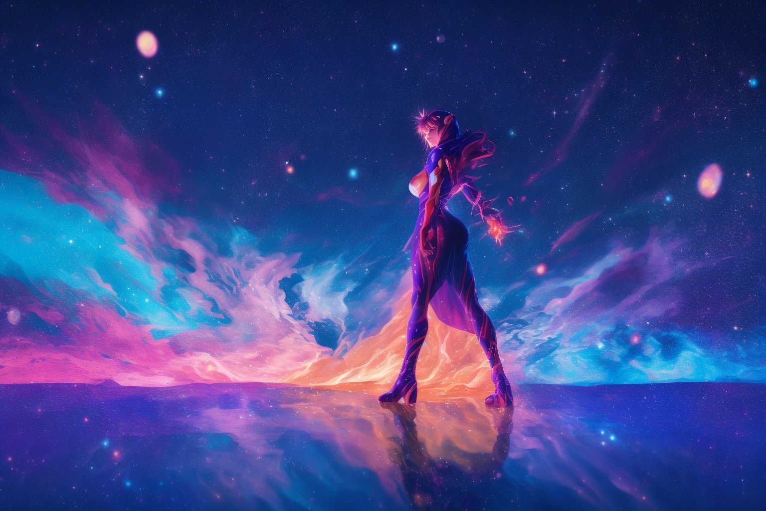 1girl,kawaii,neon genesis evangelion,pale_skin,curvy,slender,huge breasts,chinese_style,glaring,fighting_stance,highres,absurdres,incredibly absurdres,colorful,night,rainbow,lighting,castle,light leaks,Cinematic Lighting,reality,<lora:shine:0.9>,shine,