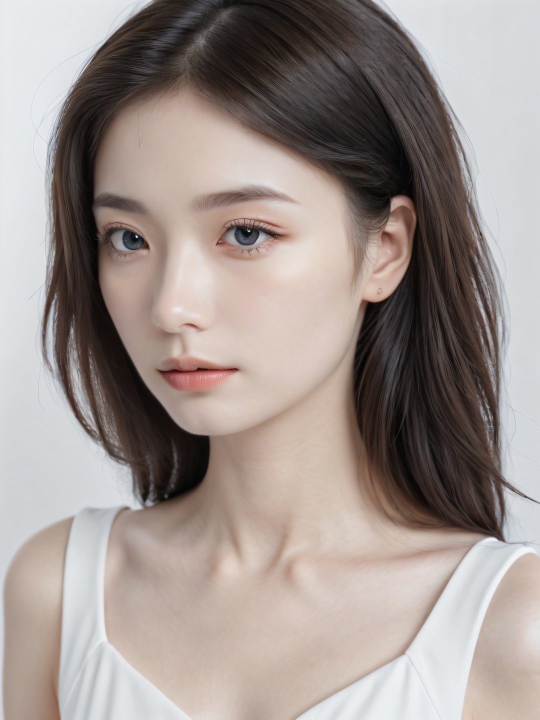 (white background:1.5),(photorealistic:1.3),rembrandt lighting,key light,extremely detailed,beautiful,1girl,small face,(pale skin:1.3),(porcelain like skin:1.2),((brown eyes)),black long hair,(face shot:1.2),(close up:1.2),(face focus:1.2),