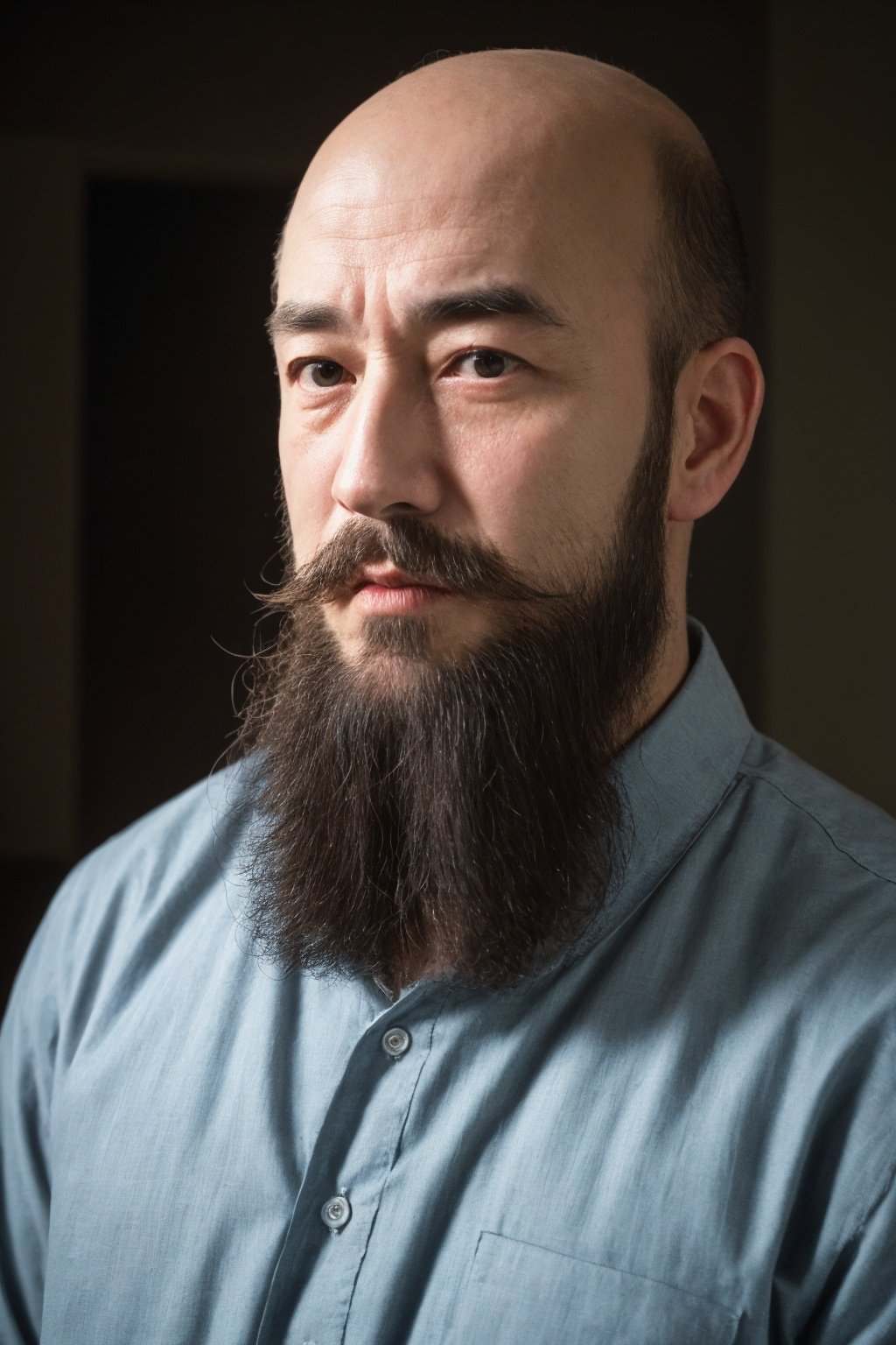 Beard, mature man, bald, serious expression, black tips, dim lighting, fine image quality, facial details, pipe