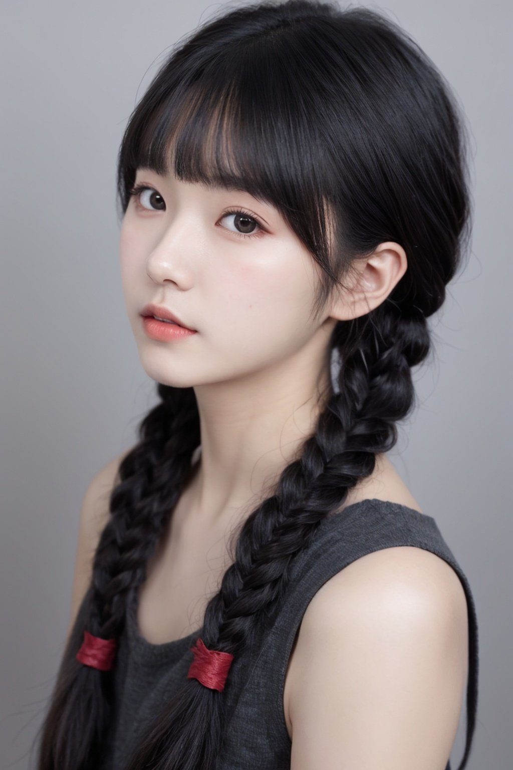 1girl, solo, braid, looking at viewer, black hair, simple background, bangs, closed mouth, realistic, twin braids, black eyes, upper body, mole, blunt bangs, grey background