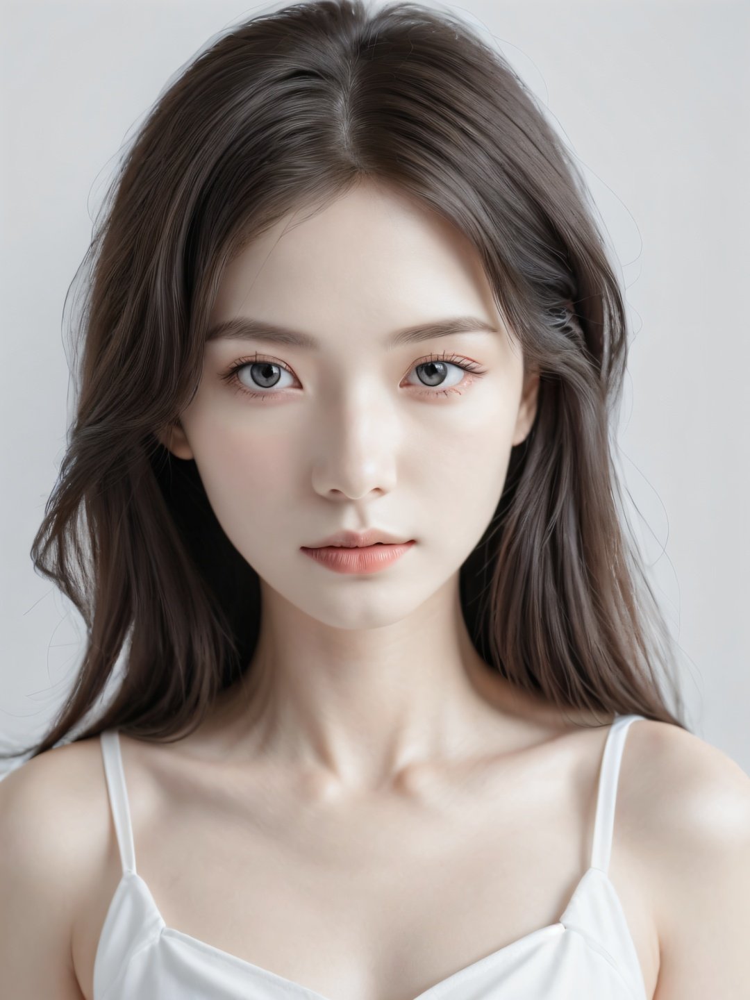 (white background:1.5),(photorealistic:1.3),rembrandt lighting,key light,extremely detailed,beautiful,1girl,small face,(pale skin:1.3),(porcelain like skin:1.2),((brown eyes)),black long hair,(face shot:1.2),(close up:1.2),(face focus:1.2),