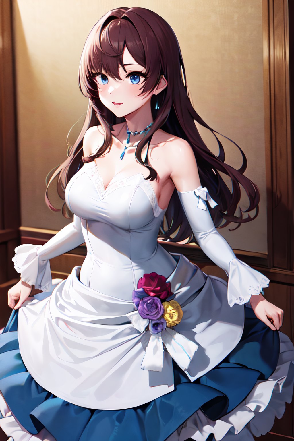 masterpiece, best quality, shiki, blue eyes, long hair, cowboy shot , dress, detached_sleeves