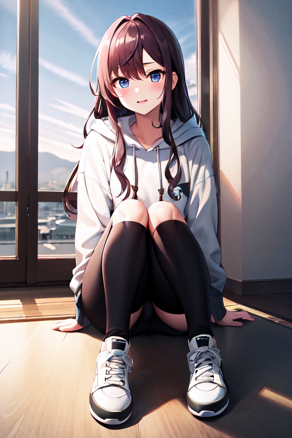 masterpiece, best quality, shiki, blue eyes, long hair, hoodie, shoe