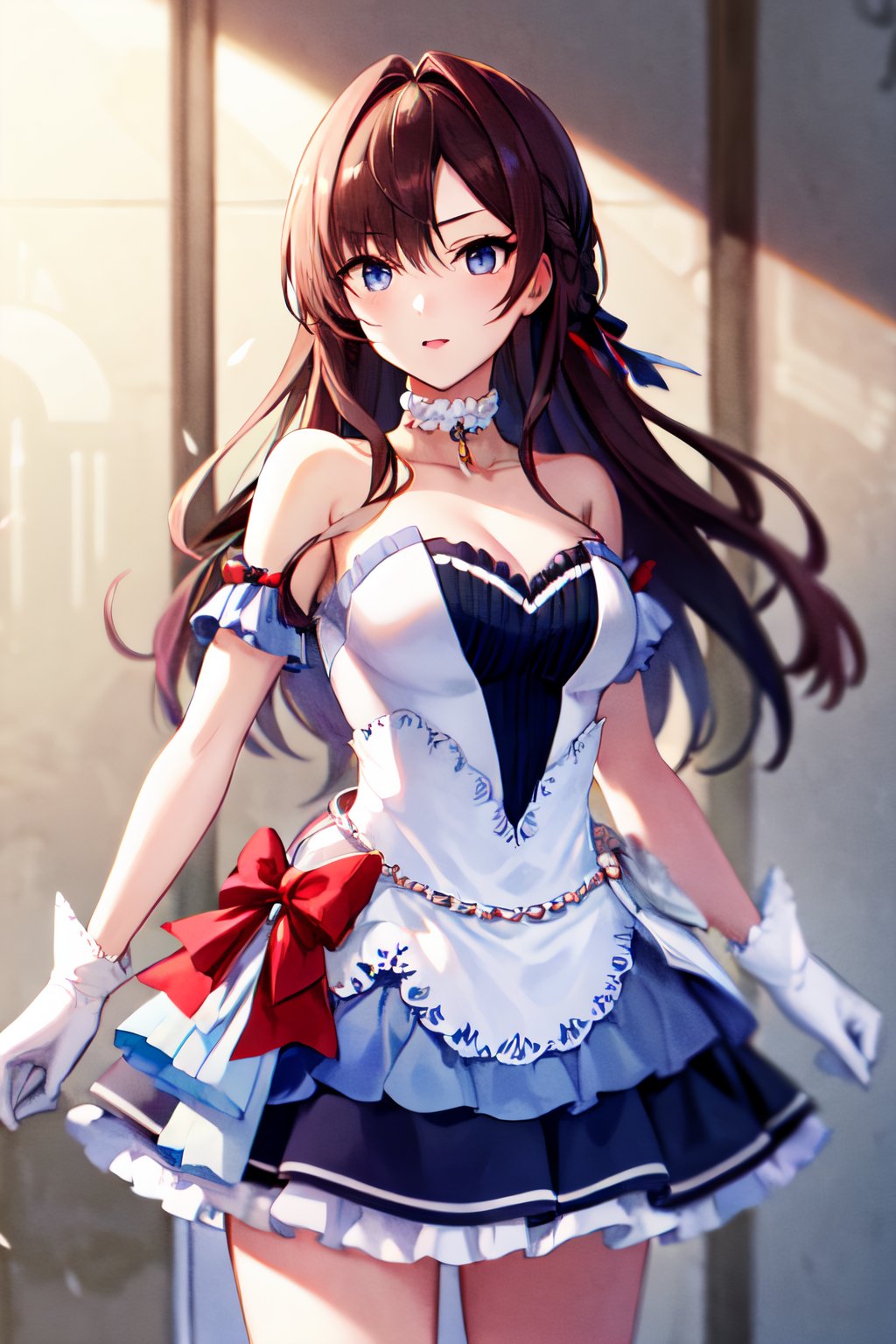 masterpiece, best quality, shiki, blue eyes, long hair, cowboy shot , dress, gloves, choker