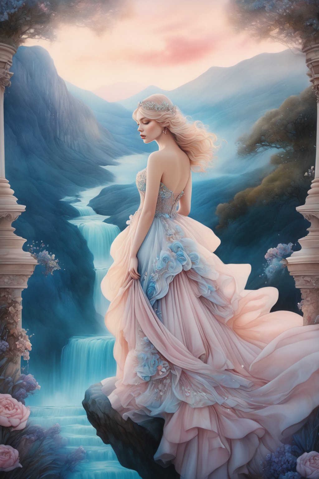 (Dreamscape:1.5),(ethereal:1.5) illustration of a full body portrait of a woman in a scenic environment by Camilla d'Errico,wearing gown,, (masterpiece,best quality:1.5)