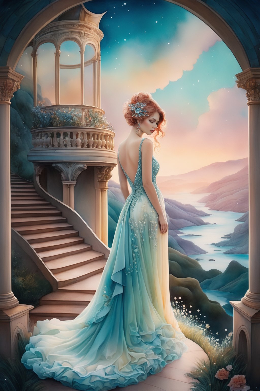 (Dreamscape:1.5),(ethereal:1.5) illustration of a full body portrait of a woman in a scenic environment by Camilla d'Errico,wearing gown,, (masterpiece,best quality:1.5)