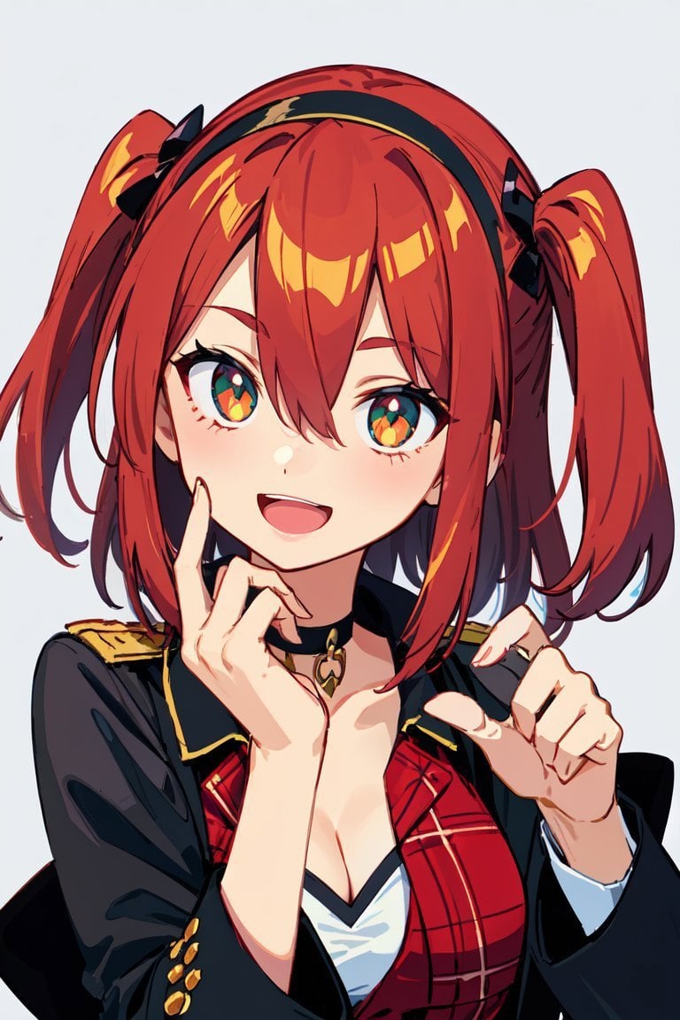 ((masterpiece, best quality)), 1girl, red hair,( two side up:1.2), side locks, dark green eyes, black hairband, medium hair, cleavage cut off, (black long coat,:1.2) uniform, hair between eyes, (Electrokinesist:1.2), (red plaid vest:1.2),  choker, red plaid skirt, epaulette, simple background, hand on own face , smile, open mouth, glowing eyes, 