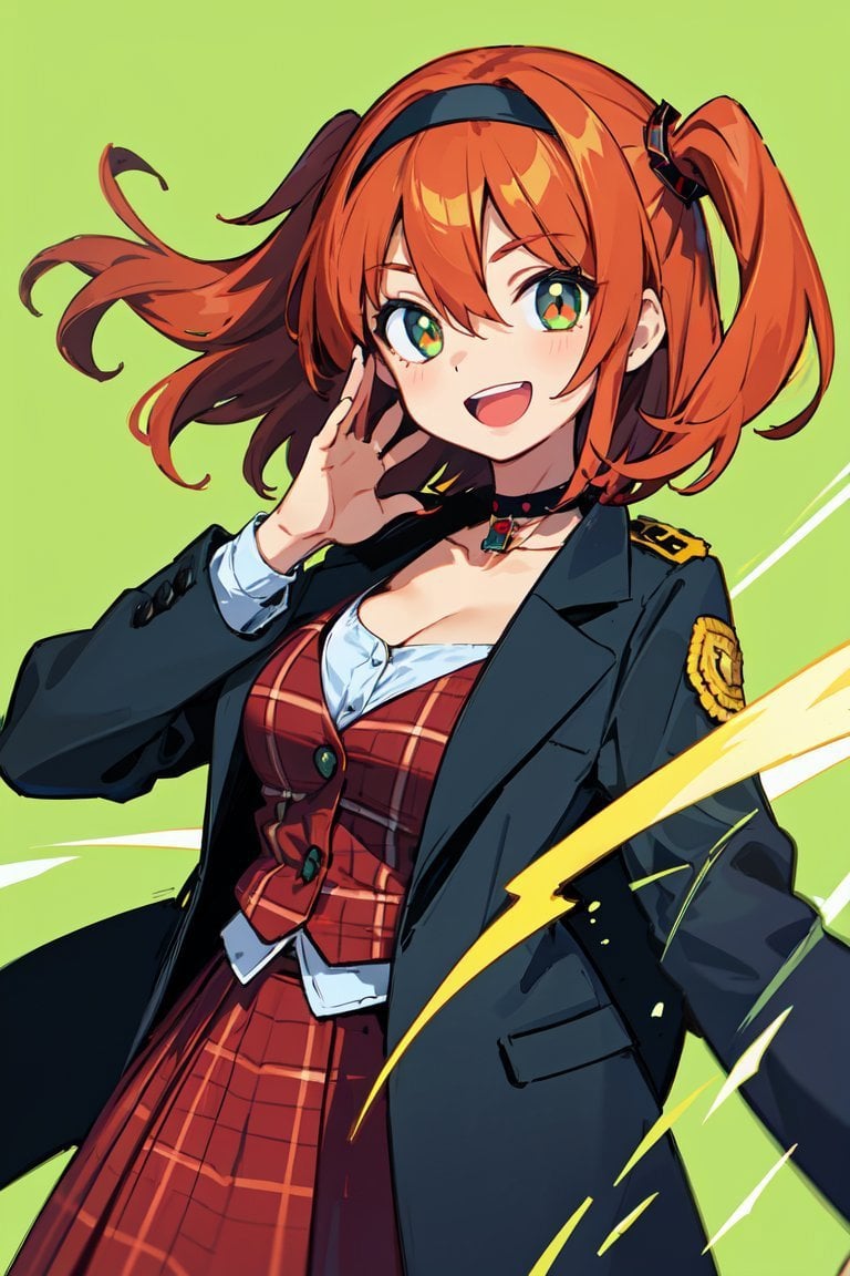 ((masterpiece, best quality)), 1girl, red hair,( two side up:1.2), side locks, dark green eyes, black hairband, medium hair, cleavage cut off, (black long coat,:1.2) uniform, hair between eyes, (Electrokinesist:1.2), (red plaid vest:1.2),  choker, red plaid skirt, epaulette, simple background, hand on own face , smile, open mouth, glowing eyes 