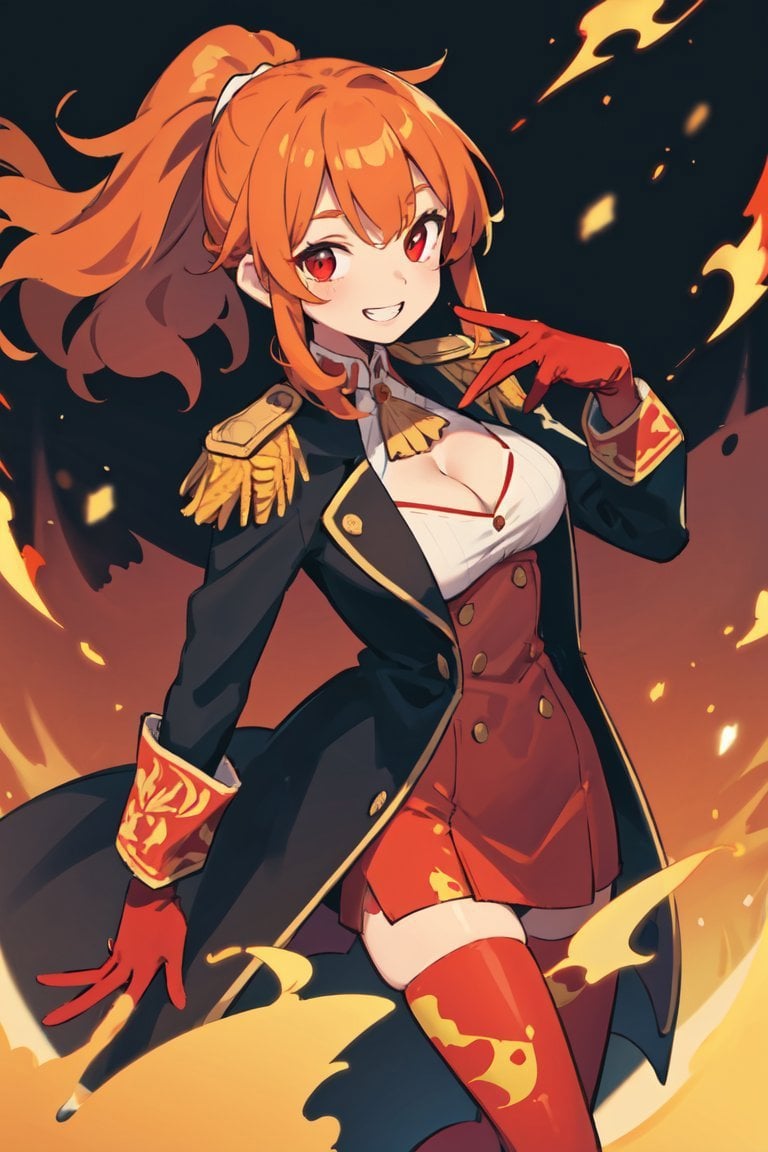 masterpiece, best quality, orange hair, red gloves, black long coat, cleavage cutout, medium breasts, ponytail, sidelocks, wavy hair, swept bangs, smile, teeth, red eyes, flame print, epaulettes,  Asymmetrical Legwear