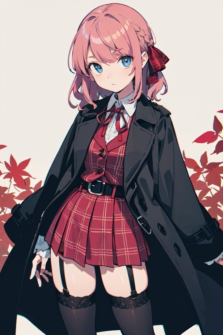 ((masterpiece, best quality)), (pink hair:1.2), medium hair, wavy hair, (hair ribbon:1.2), black trench coat, blue eyes, swept bangs, red cape, red neck ribbon, asymmetrical hair, (plaid vest:1.2), black belt, black thighhighs, uniform, red armband, garter straps, leaf print, 