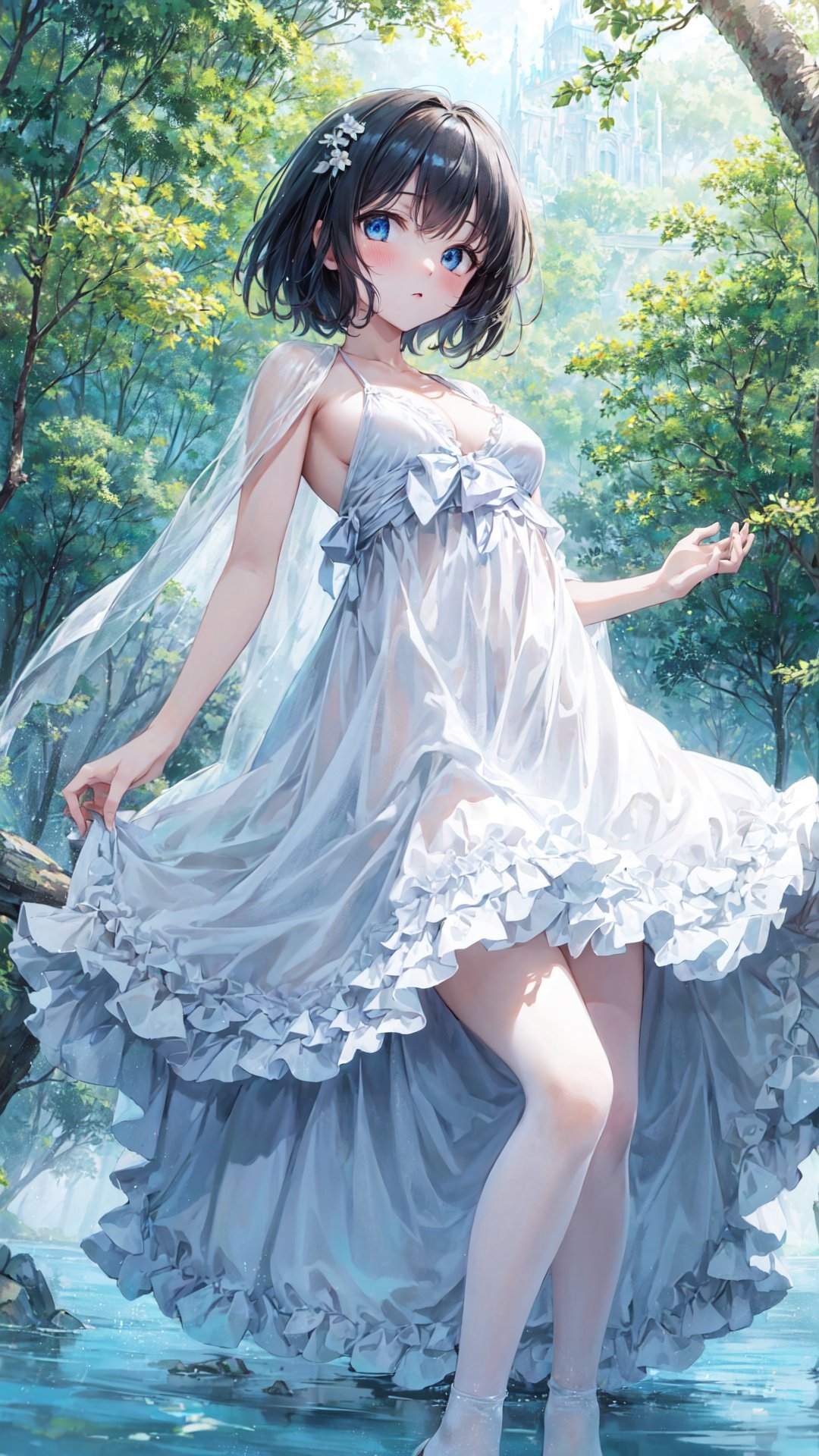 (extremely detailed CG unity 8k wallpaper),(((masterpiece))), (((best quality))), ((ultra-detailed)), (best illustration),(best shadow), ((an extremely delicate and beautiful)),dynamic angle,floating, solo,((1girl)),{disheveled hair},expressionless,((white idol dress)), anglesailor dress,(detailed wet clothes),silk shawl,bikini,underboob, frills,cute anime face,blush,(beautiful detailed eyes), (detailed light),feather, nature, (sunlight), river, (forest),(((floating palace))),beautiful and delicate water,(painting),(sketch),(bloom),(shine),（（（small breast）））