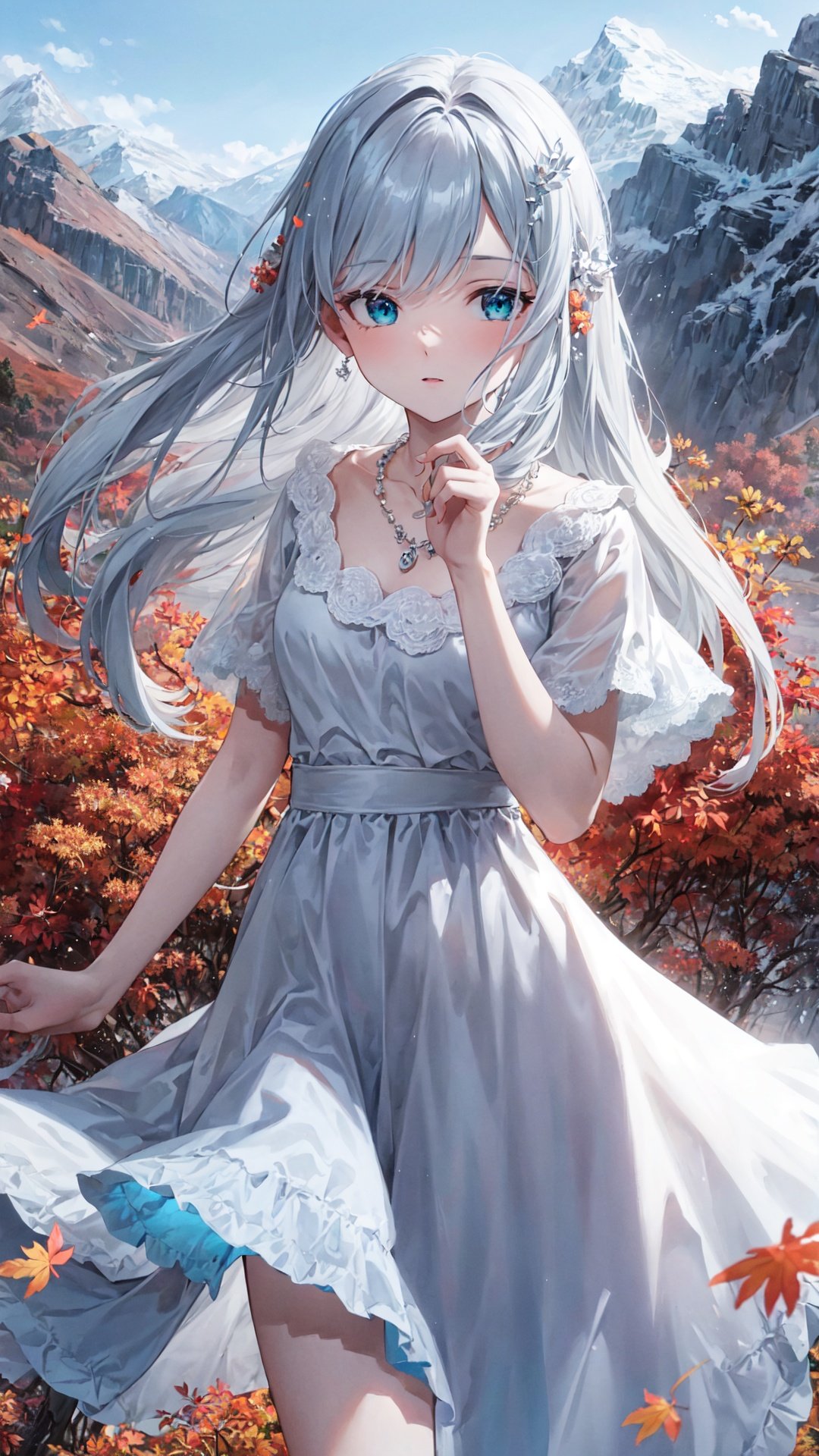 {{masterpiece}}, {{best quality}}, {ultra-detailed}, {{extremely detailed}}, 4K, {8K}, best quality, {beautiful}, mountain, green meadow, morning, autumn, a pretty woman, solo, dress, beautiful silver hair0, {beautiful eyes}, long hair, necklace, wind effect