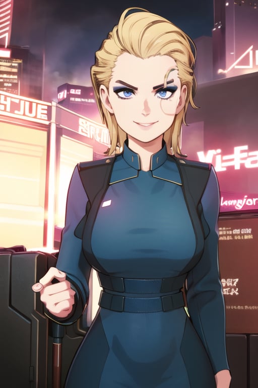 1 girl, blonde hair, blue eyes, cyberpunk, future club, party, dress, smile