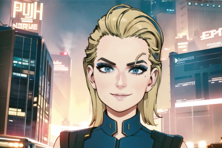 1 girl, blonde hair, blue hair, cyberpunk, future city, smile