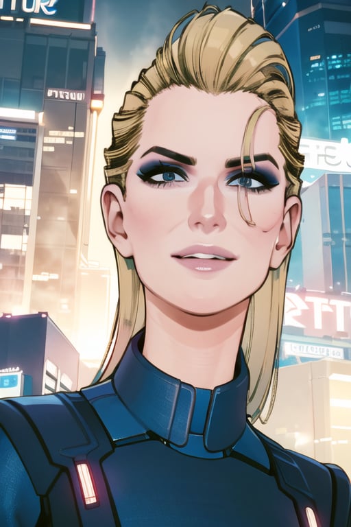 1 girl, blonde hair, blue hair, cyberpunk, future city, smile