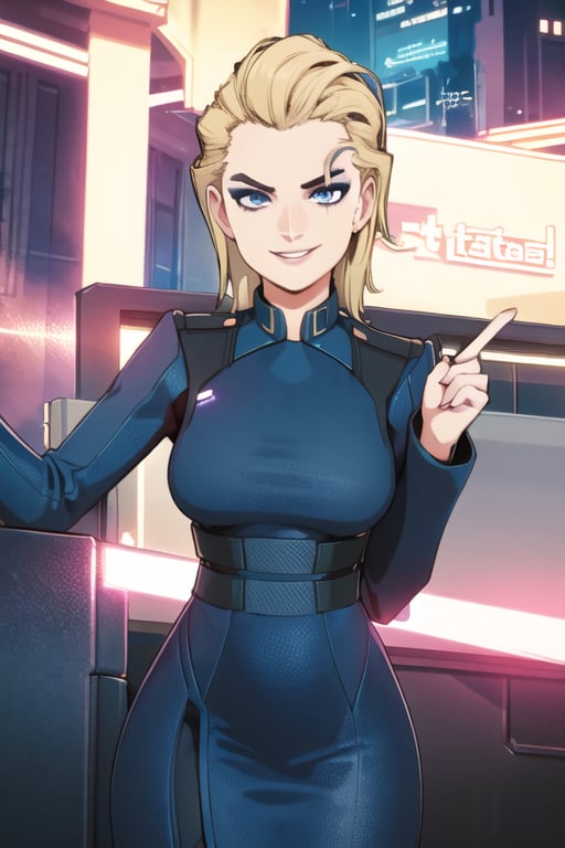 1 girl, blonde hair, blue eyes, cyberpunk, future club, party, dress, smile, 