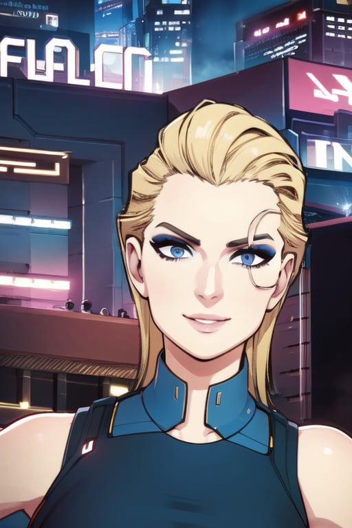 1 girl, blonde hair, blue eyes, cyberpunk, future club, party, dress, smile