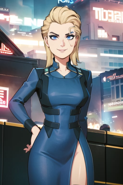 1 girl, blonde hair, blue eyes, cyberpunk, future club, party, dress, smile, 