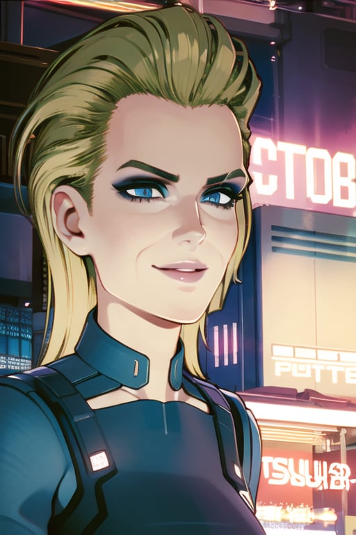 1 girl, blonde hair, blue eyes, cyberpunk, future club, party, dress, smile, 